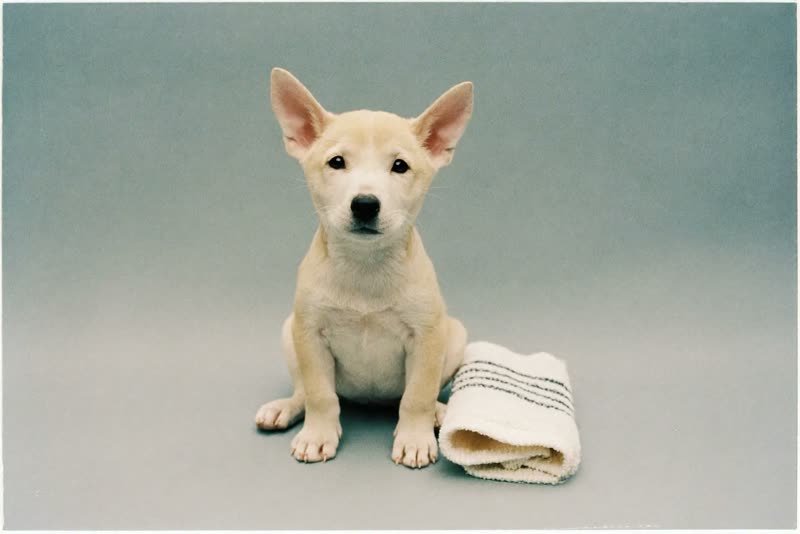 A very young puppy sitting beside a folded towel on a pale backdrop
