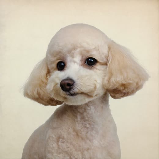 A small poodle-cross with a neat short clip and rounded face
